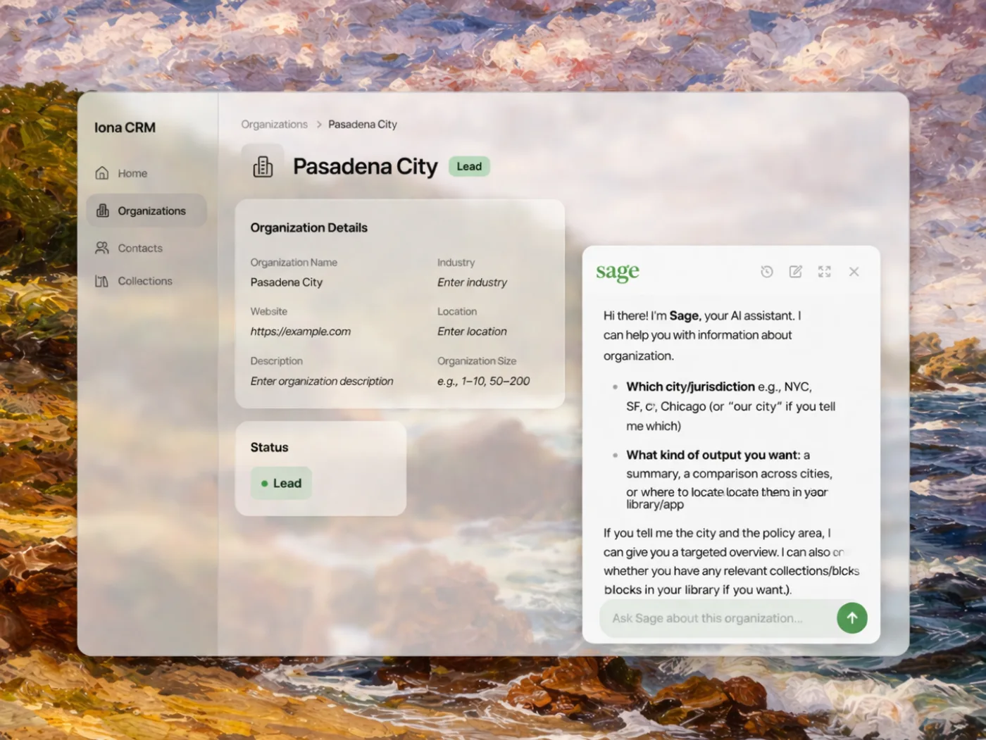 Iona CRM — open source CRM boilerplate with an AI agent.